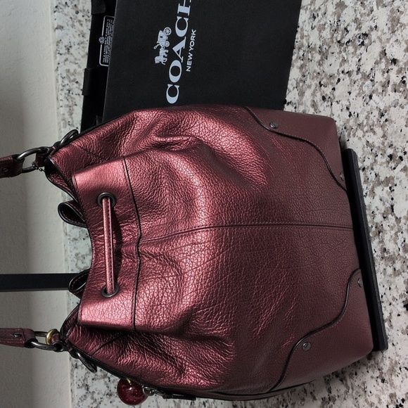 Coach SET Mickie Shoulder Bag Red Metallic Pebble Leather & Signature Wristlet - Picture 6 of 17